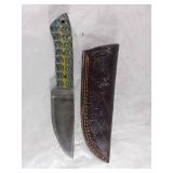 Damascus Steel Hunting Knife with Leather Sheath
