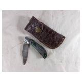 Damascus Folding Knife with Leather Sheath