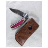 Damascus Folding Knife with Leather Sheath