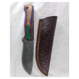 Damascus Steel Knife with Leather Sheath