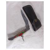 Damascus Folding Knife with Corkscrew