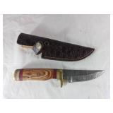 Damascus Steel Knife with Wood Handle and Sheath