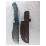 Damascus Bowie Knife with Leather Sheath