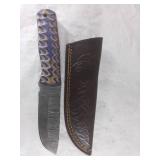 Damascus Steel Knife with Leather Sheath
