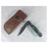 Damascus Folding Knife with Sheath