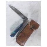 Damascus Folding Knife with Leather Sheath