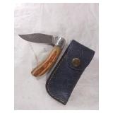 Damascus Folding Knife with Leather Sheath
