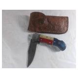 Damascus Folding Knife with Multicolor Handle