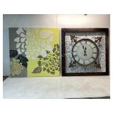 Clock and Floral Canvas Wall Art Pair