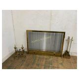 Brass Fireplace Set With Screen, Tools, And Andiro