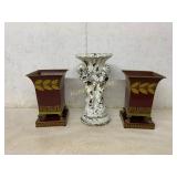 Two Painted Metal Planters and Cherub Pedestal