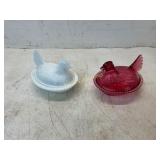 Milk Glass and Cranberry Glass Hen Dishes