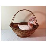 Woven Basket with Ceramic Goose and Eggs