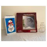 Glass Snowman Vase, Luminarc Platter, and Snowman