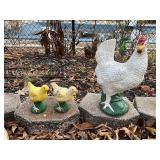 Painted Cement Chicken and Chicks Lawn Ornaments