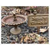 Cast Iron Birdbath and Garden Sign