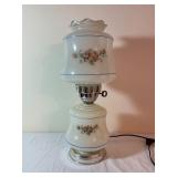 Milk Glass Hurricane Table Lamp with Floral Design