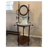 Wooden Washstand With Mirror, Bowl, and Pitcher