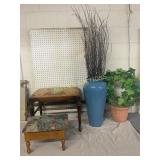 Decorative Vase, Faux Plant, and Two Footstools