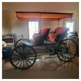 Miller & Yoder 4 wheel surrey carriage w/2 seats, 45” rear wheels, 40 ½” front wheels, wooden spokes, red velvet seats, phills & two horse hitch pole, black lacquered