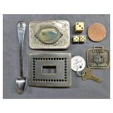 Vintage Collectibles - includes: Gerber Spoon, Belt Buckles, Dice, & Model A Key