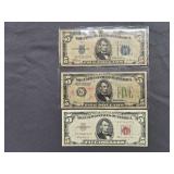 Currency Lot  $5 Federal Reserve Note - 1934 + $5 1963 Red Ink Note + 1934-A Silver Certificate