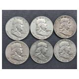 6 Franklin Half Dollars - 1958-P, 1960-P, 1962-D, (3) 1963-D
