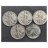 5 Walking Liberty Half Dollars - 1941-P, 1942-D, (2) 1941-P, 1943-P