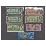 $10 Australian Bill + $5 Australian Bill + $1 Canadian Bill - 1967 + 3 Canadian $1 Bills - 1954 + Canadian $2 Bill - 1954