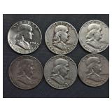 6 Franklin Half Dollars - 1951-P, 1951-S, (3) 1952-D, 1954-P