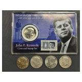 1964-D Kennedy Coin & Stamp set + (4) 1964-P Half Dollars (uncirculated)
