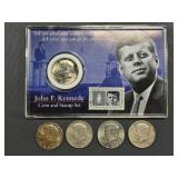 26. 1964-D Kennedy Coin & Stamp set + (4) 1964-P H