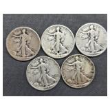 29. 5 Walking Liberty Half Dollars - 1920-P, 1934-