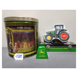 John Deere bell, pencil tin, cookie tin & popcorn tin