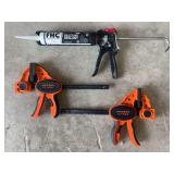 (2) Bar Clamps and 1 Caulk Gun