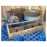 Primitive Lot. Egg Crate, Old Wash Tub, Crock Jug, & More