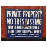 Jones & Laughlin Steel Corp. Private Property No Trespassing SSP Sign