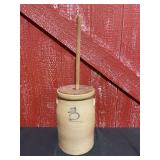Stoneware Salt Glazed 3 Gal. Churn w/Applied Handles, Wooden Lid, and Plunger