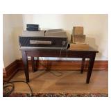 Magnavox Record Player, Table, Box of Misc.