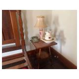 Table, Glass Pitcher, Bowl, Lamp, and Rotary Phone.