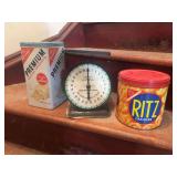 Kitchen Scale and 2 Cracker Tins