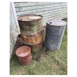 55 Gal Drum, 5 Gal Metal Pale,  Bushnell Oil Tank, & Curtis Cast Iron Barrel Base