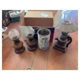 3 Small Oil Lamps and Glass Candle Holder