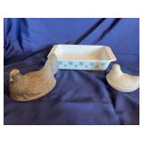 Pyrex Teal Snowflake Pan & Small Milk Glass Hen on a Nest