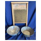 Washboard and (2) Vintage Collanders