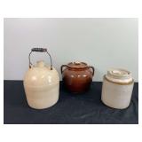 (3) Stoneware Pieces: Jug, Beanpot, and Crock