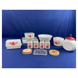 McKee Red Sailboat Dishes, Bowl, Drippings, and Shakers