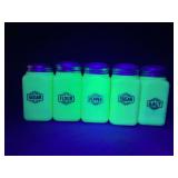 (5) McKee Uranium Milk Glass Shakers