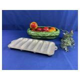 Green Stone Bowl with Faux Fruit and Griswold Cornbread Pan