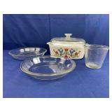 Corningware Baking Dish, 2 Pyrex Pie Plates, and Anchor Hocking Embossed Measuring Cup